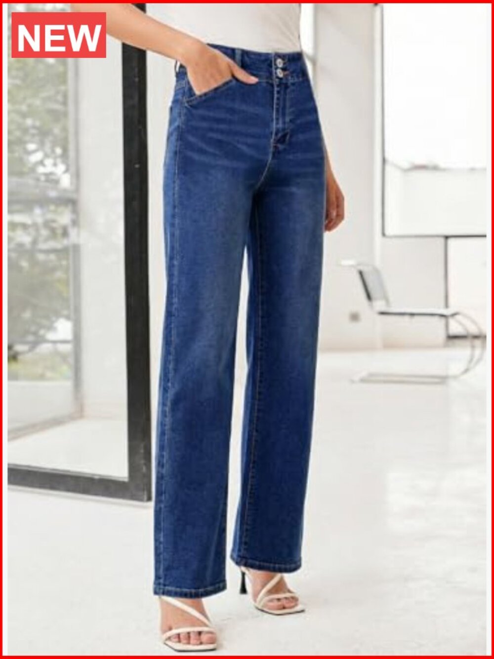 High Waisted Wide Leg Jeans Tummy Control Straight Leg Stretchy Denim Pants - Picture 3 of 7